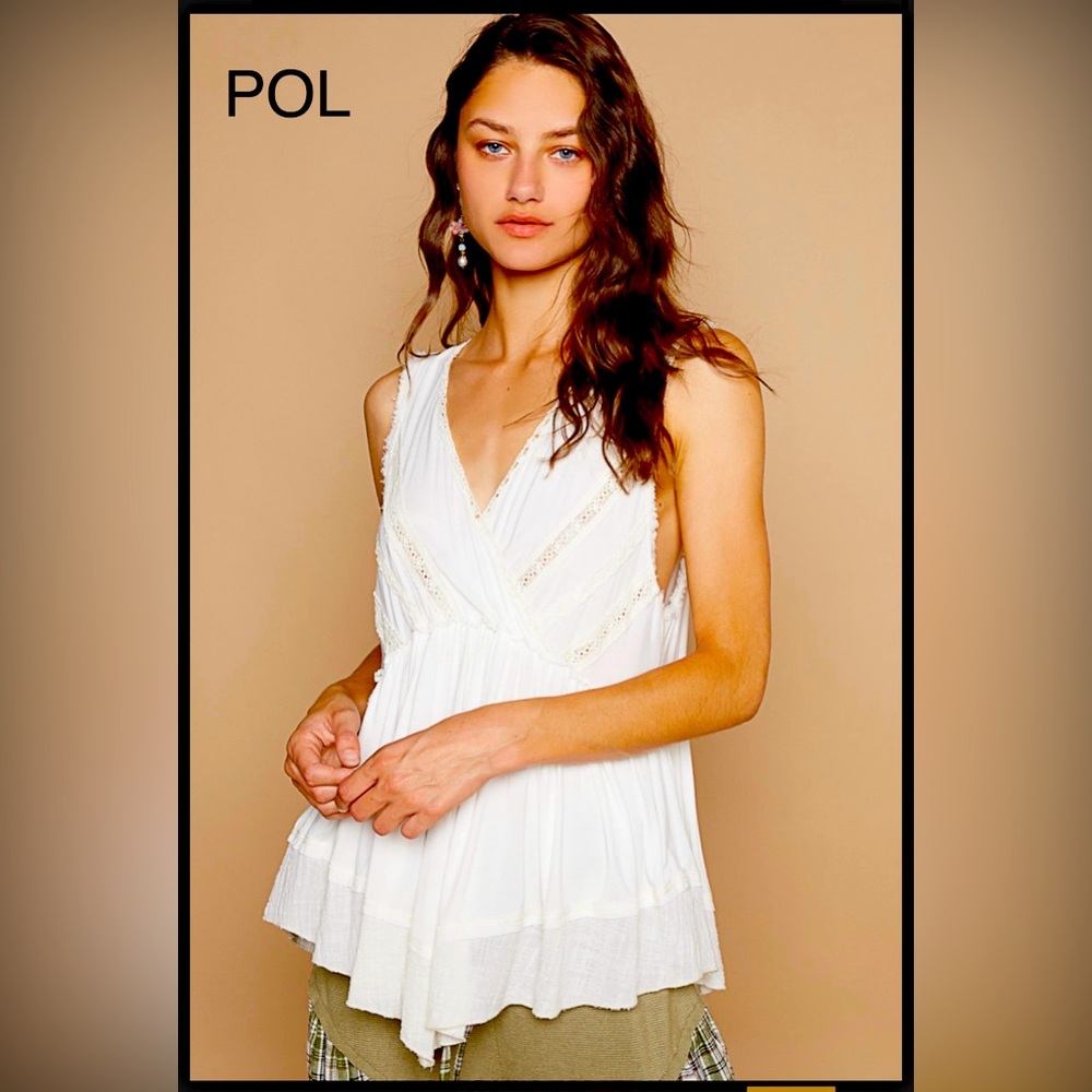 POL White Sleeveless V-Neck Peasant Blouse